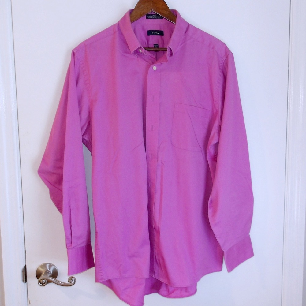 IZOD Dress Shirt Button‎ Down Collared Career Top Pink Sz 16.5 34/35-5331